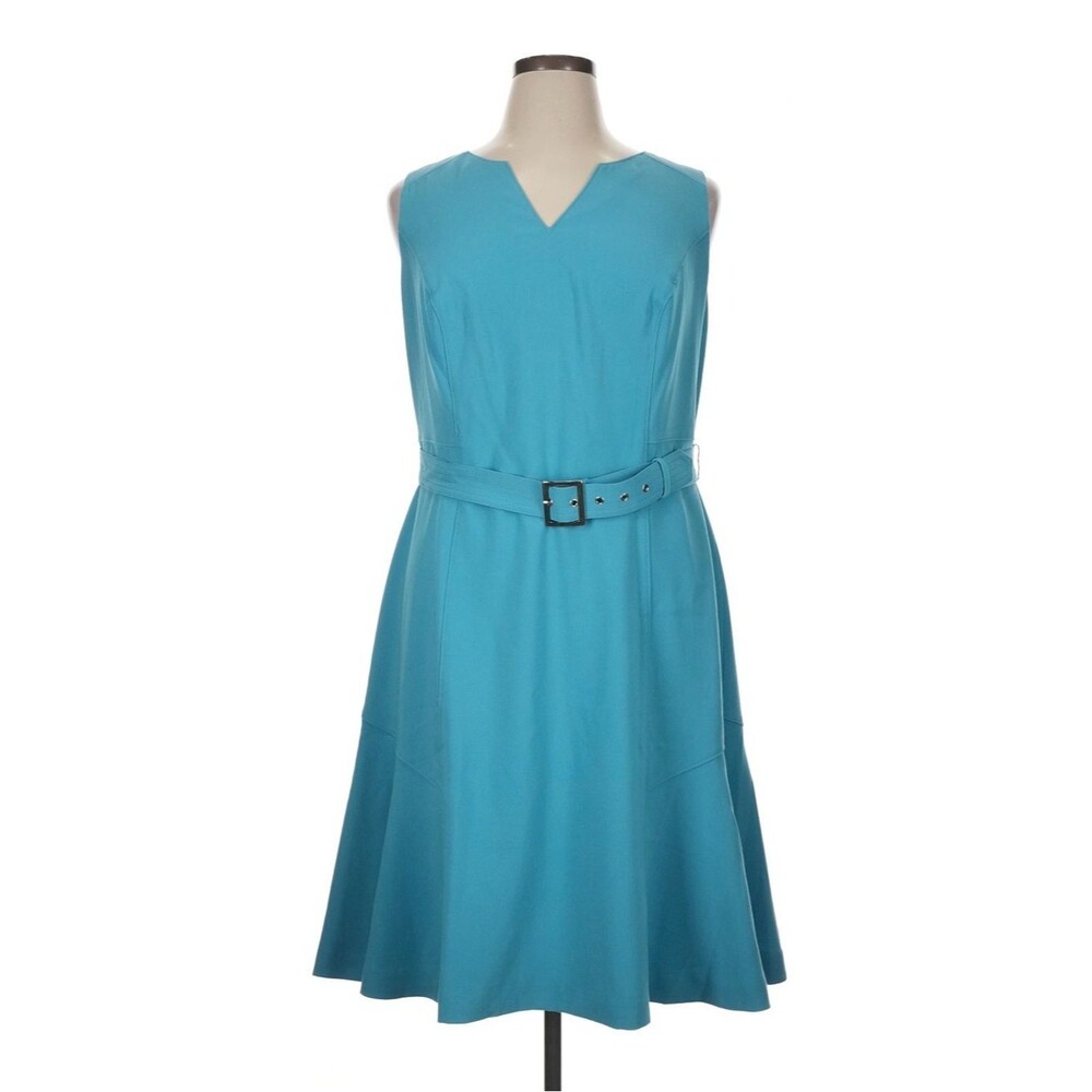 NWT White House Black Market Oasis Blue Sleeveless Belted Flippy Hem Dress 16W